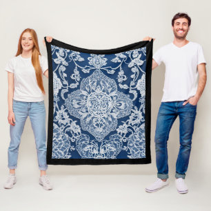 Manta Polar Elegante encaje floral vintage azul y blanco