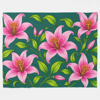 Manta Polar Elegante Flor de Lirio Rosa con Follaje Verde