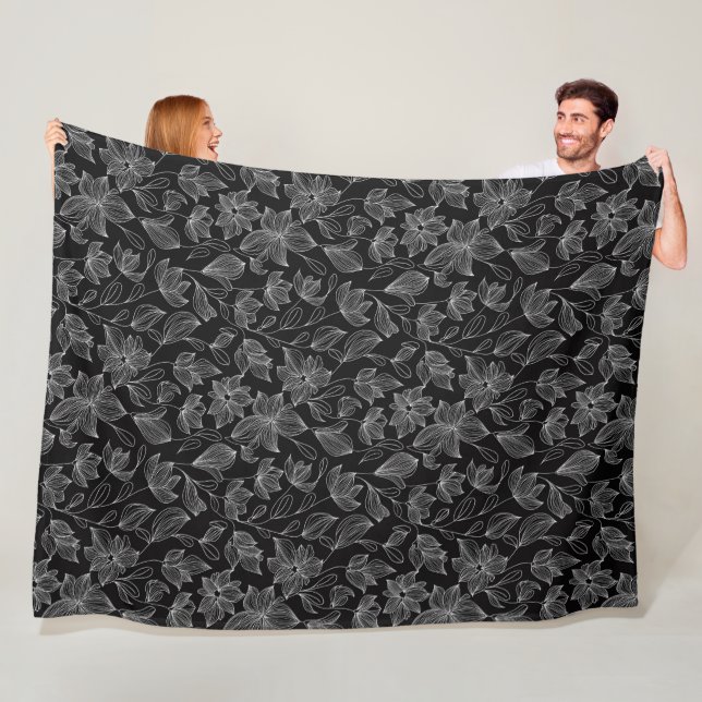 Manta Polar Elegante floral blanca y negra personalizada (In situ)