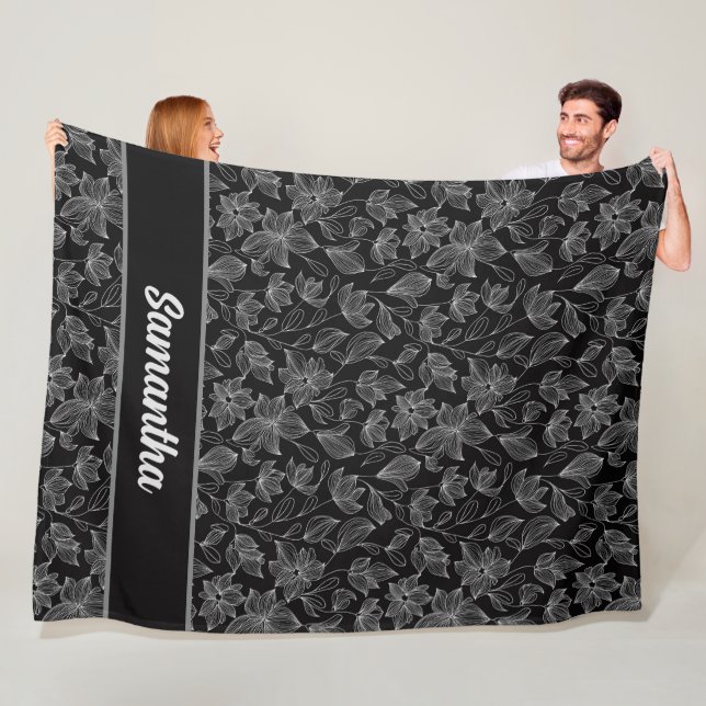 Manta Polar Elegante floral blanca y negra personalizada (In situ)