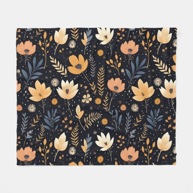Manta Polar Elegante floral de boho negro y peach (Frente (Horizontal))