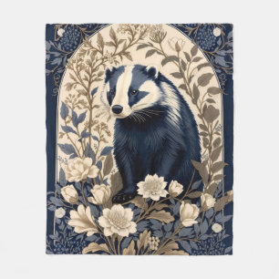 Manta Polar Elegante Floral de Tejón en Azul Marino y Crema