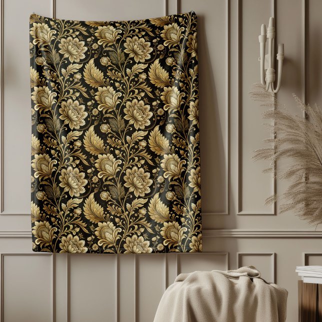 Manta Polar Elegante funda de damasco dorado en estilo barroco (Elegant Gold Damask Blanket in Baroque Black Style)