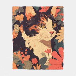 Manta Polar Elegante gato calico en jardín floral