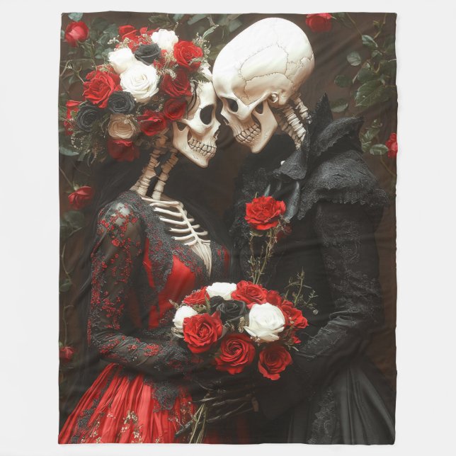 Manta Polar Elegante Gothic Skeleton Bride & Groom Negro y Roj (Anverso)