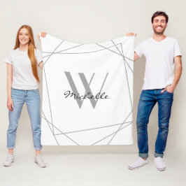 Manta Polar Elegante Gris Blanco Monograma Nombre Script Geomé