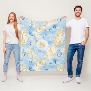 Manta Polar Elegante hoja azul y dorada de inspiración paisley