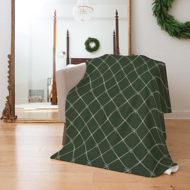 Manta Polar Elegante Moda Bow Mínimo y Patrón de cinta Verde (Elegant Chic Minimal Bow & Ribbon Pattern Green Fleece Blanket)