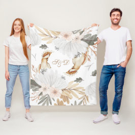 Manta Polar Elegante Monograma Boho Flores acuáticas y pájaros