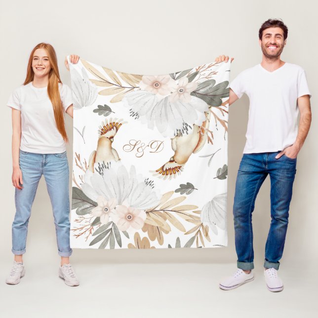 Manta Polar Elegante Monograma Boho Flores acuáticas y pájaros (In situ)