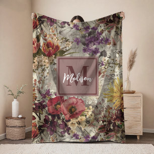 Manta Polar Elegante monograma floral gris amarillo púrpura