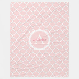 Manta Polar Elegante Monograma Patrón Blanco Rosa