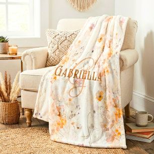 Manta Polar Elegante Monograma Personalizado de Acuarela Flora