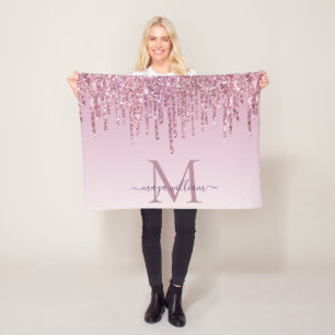 Manta Polar Elegante Monograma Rosa Purpurina Drin Fleece Blan