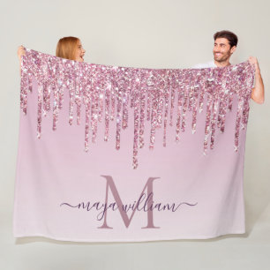 Manta Polar Elegante Monograma Rosa Purpurina Drin Fleece Blan