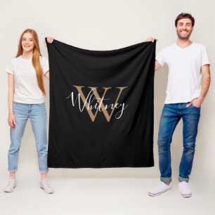 Manta Polar Elegante Monograma Script Nombre Gold Black Fleece
