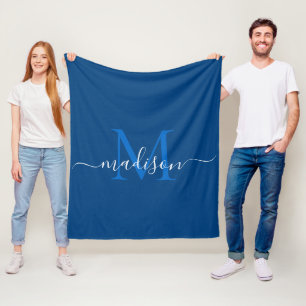 Manta Polar Elegante Navy Monograma Azul Guión Blanco Moderno