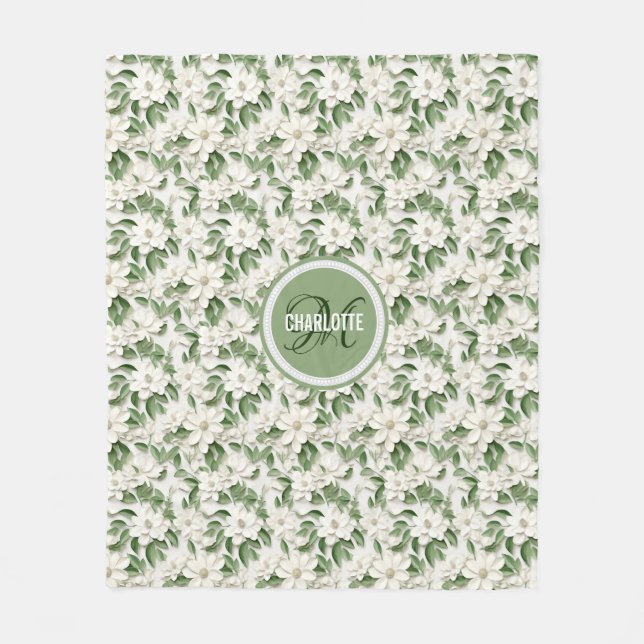 Manta Polar Elegante nombre de monograma de magnolia blanca (Anverso)