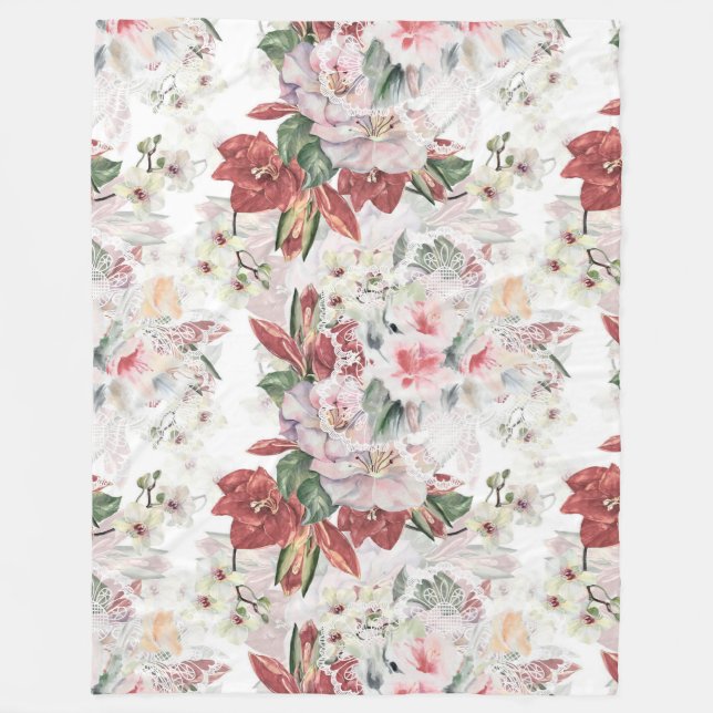 Manta Polar Elegante orquídea de ilustracion y lily Lace (Anverso)