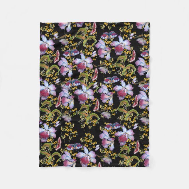Manta Polar Elegante Orquídea Salvaje Multicolor Negro (Anverso)