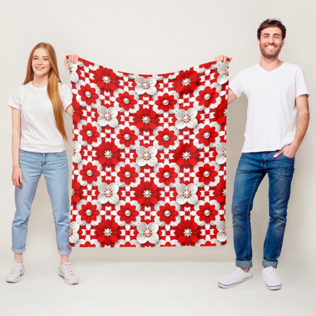 Manta Polar Elegante patrón de flores rojas y blancas para dec (In situ)