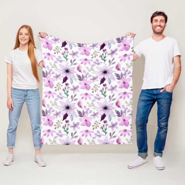 Manta Polar Elegante patrón de flores rosadas y moradas (In situ)