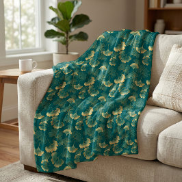 Manta Polar Elegante patrón de hoja de ginkgo azul verde y dor