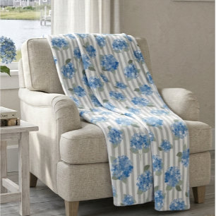 Manta Polar Elegante patrón de Hortensia Azul con franja Gris