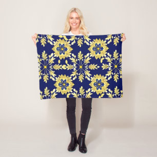 Manta Polar Elegante patrón floral en oro y azul
