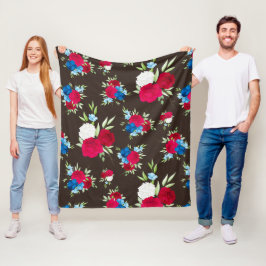 Manta Polar Elegante patrón floral rojo azul sobre marrón oscu