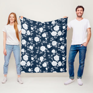 Manta Polar Elegante patrón floral rosa azul marino blanco