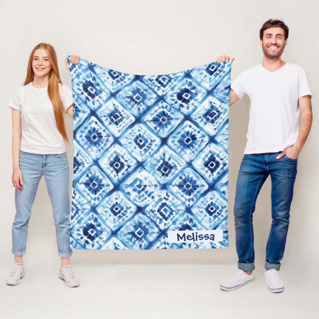 Manta Polar Elegante Patrón Shibori Nombre personalizado Azul (In situ)