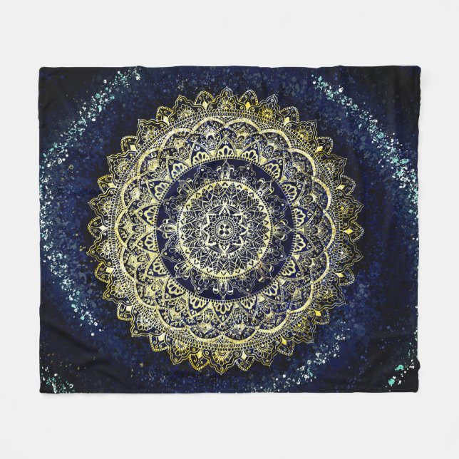 Manta Polar Elegante playa azul y dorado Mandala Art Boho Beac (Frente (Horizontal))
