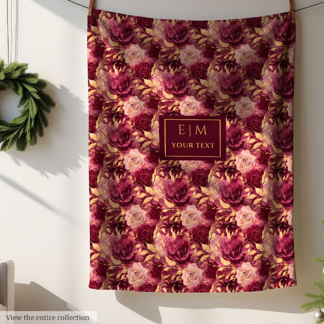 Manta Polar Elegante Rubor Burgundy Gold Floral personalizado (Elegant Blush Burgundy Gold Floral Personalized Blanket)