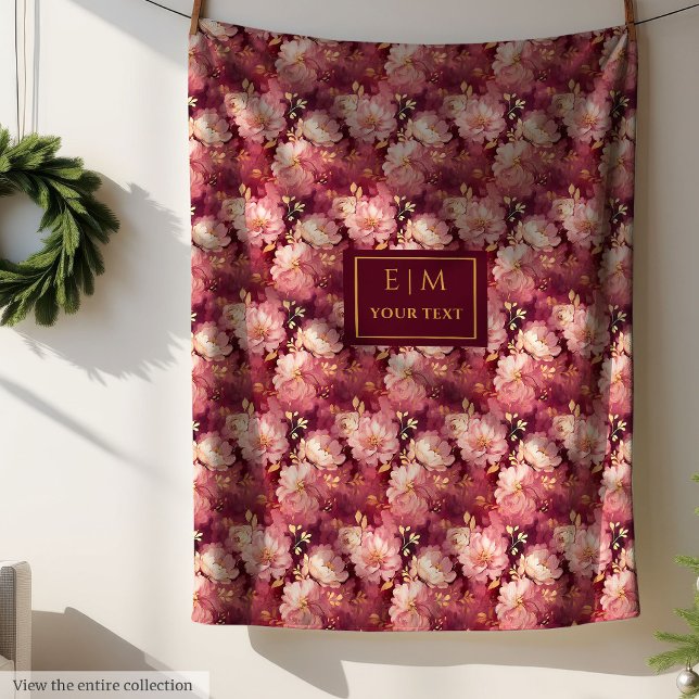 Manta Polar Elegante Rubor Burgundy Gold Personalizado Boho Fl (Stylish Blush Burgundy Gold Custom Boho Floral Fleece Blanket)