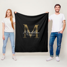 Manta Polar Elegante Script Metallic Black Gold Monograma