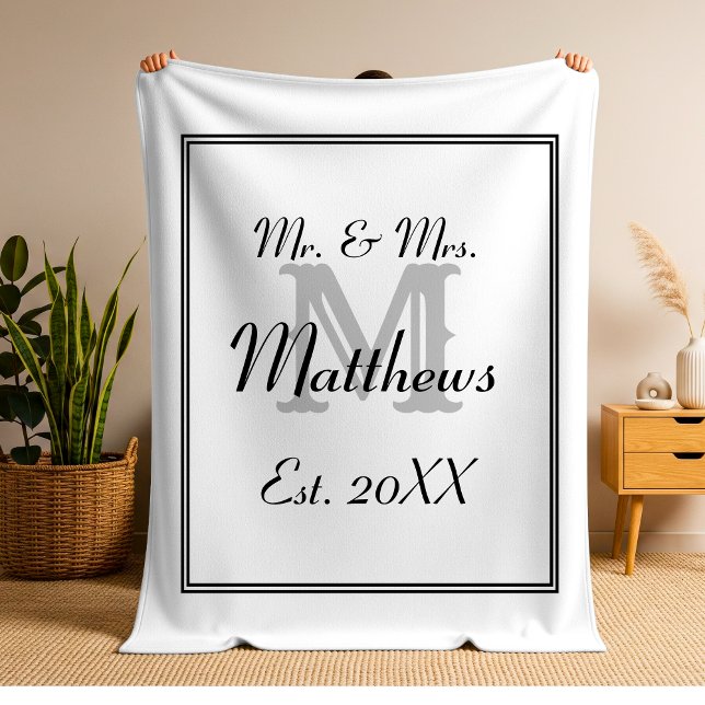 Manta Polar Elegante Sr. y Sra. Monogram White (Elegant Black and White Monogram Initials Inline Fleece Blanket)
