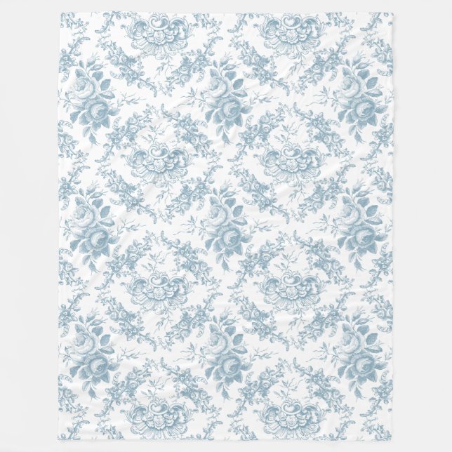 Manta Polar Elegante tela floral azul y blanca grabada (Anverso)