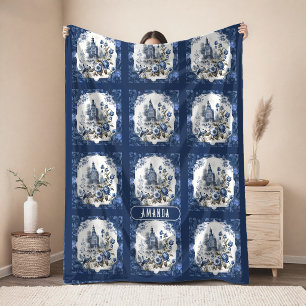 Manta Polar Elegante vintage Monograma azul toile de jouy