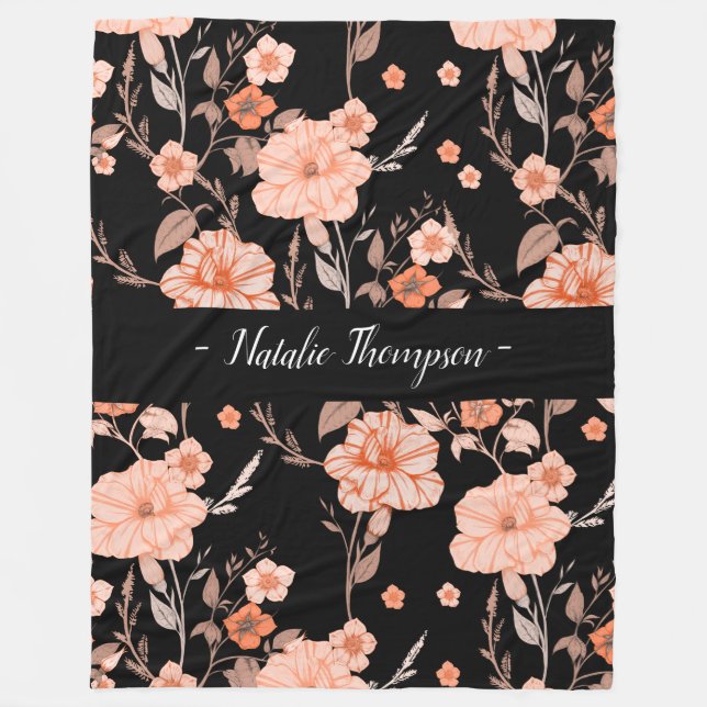 Manta Polar Elegante y estiloso patrón floral monograma negro (Anverso)