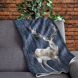 Manta Polar Elegantes Navidades de renos nevados azules y gris