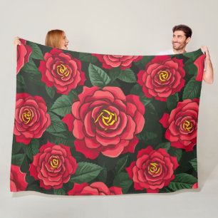 Manta Polar Elegantes rosas rojas con un patrón de hojas verde