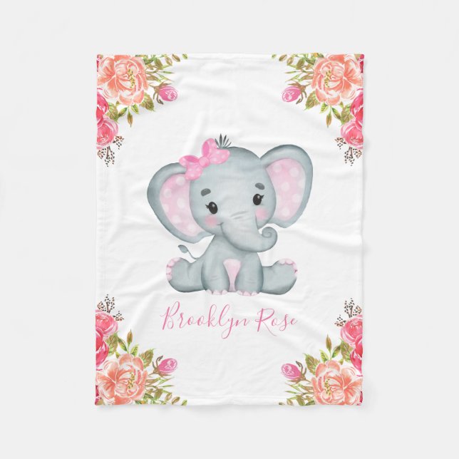 Manta Polar Elephant Floral Baby Girl Personalizada (Anverso)