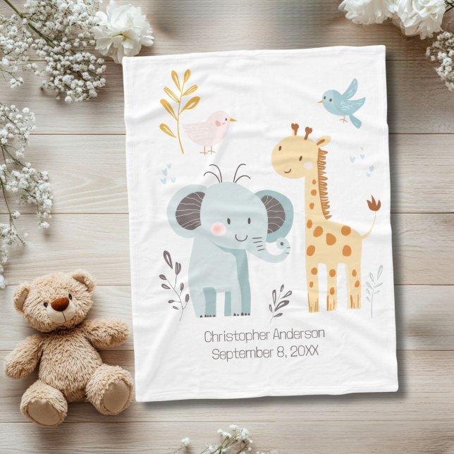 Manta Polar Elephant Giraffe Bird Personalizada Nacimiento Est (Personalized Birth Stats Elephant Giraffe Bird Baby Blanket)