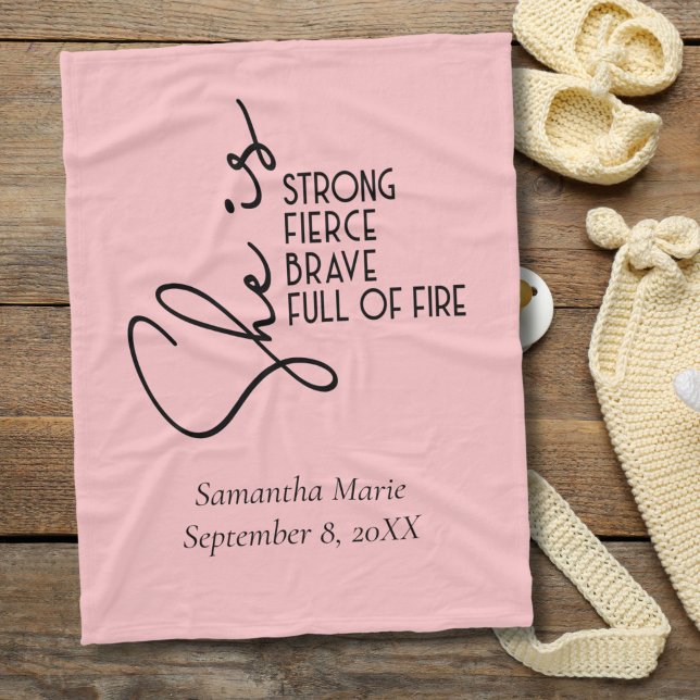Manta Polar Ella es Fuerte Valiente Feroz Llena de Fuego Perso (She is Strong Pink Baby Girl Baby Blanket)