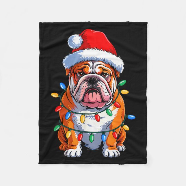 Manta Polar English Bulldog Dog Christmas Lights Santa Hat Xma (Anverso)