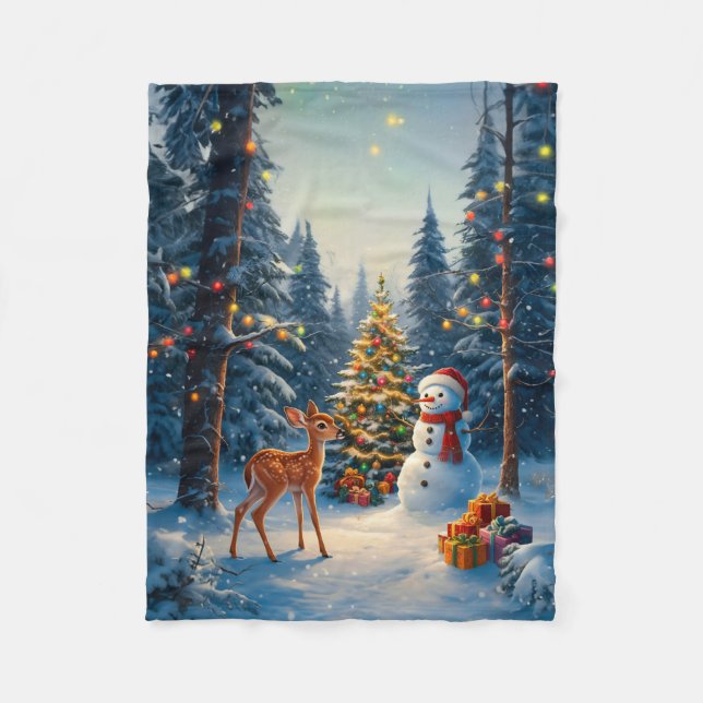 Manta Polar Escena De Árbol De Navidad Cute Deer Fawn Snowman (Anverso)