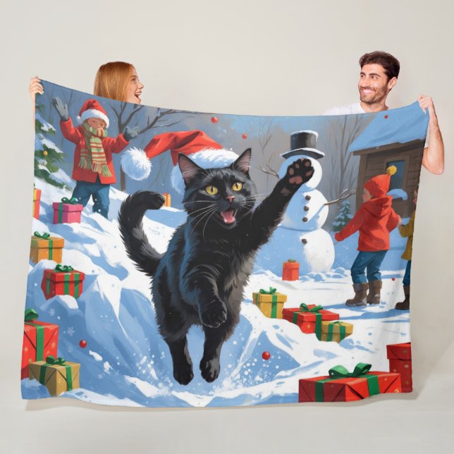 Manta Polar Escena de nieve festiva para Navidades de gato neg (In situ)