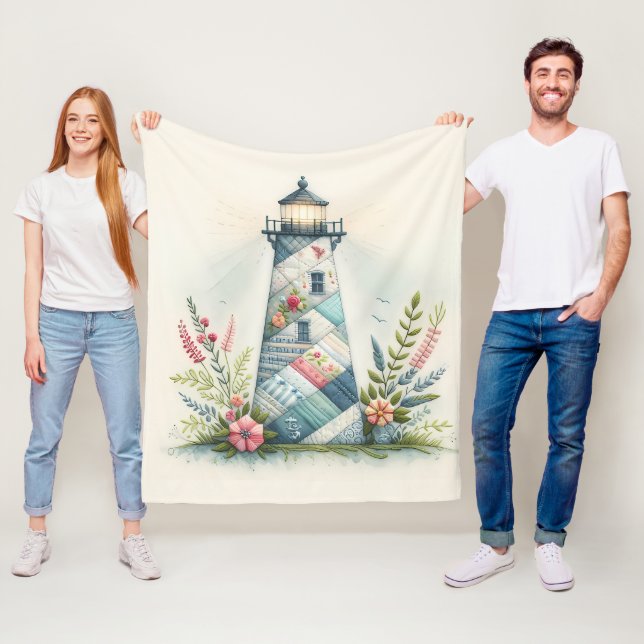 Manta Polar Escena floral de faro con patchwork costero (In situ)