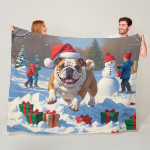 Manta Polar Escena Navideña Festiva de Nieve con Bulldog